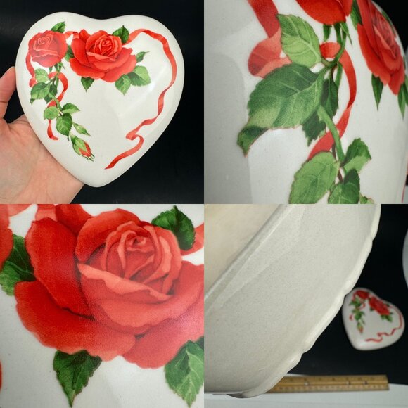 Vtg Teleflora Ceramic Heart Shaped Trinket Box w Lid Red Roses Flower Red Ribbon - Picture 5 of 13